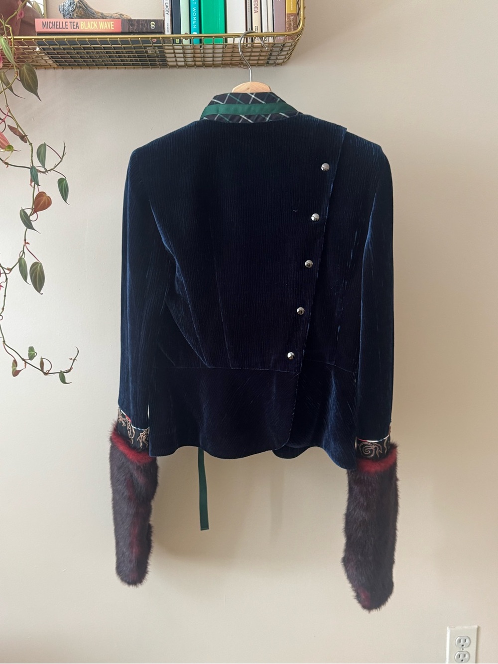 Muzkin Navy Velvet Women's Jacket with Faux Fur Cuffs